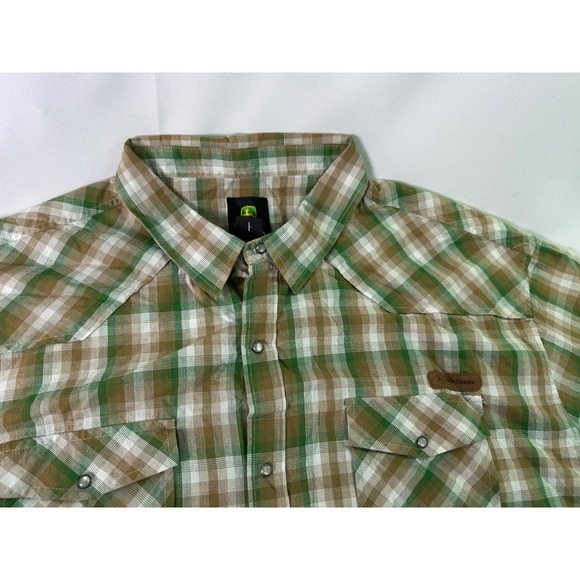 John Deere Mens 2XL Pearl Snap Plaid Short Sleeve Western Shirt Green Brown NWT - Picture 1 of 12